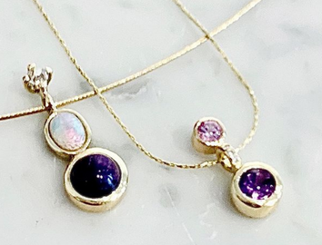 Necklaces in 18k gold with amethysts, opal , sapphire and rose cut diamond