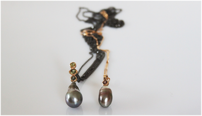 Necklaces with cultured tahiti pearls, tourmalines and 18k gold and oxidised silver chains